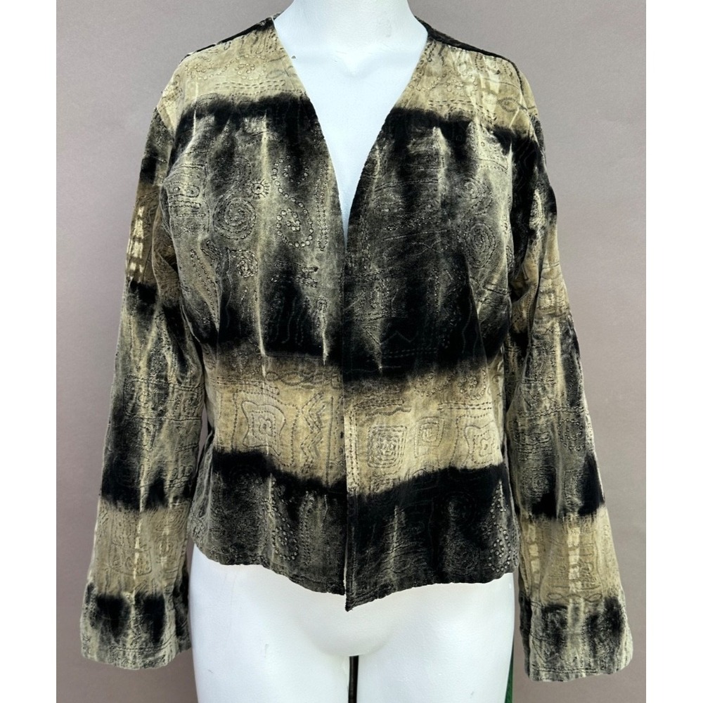 Chicos Brown Black Velvet Jacket Unique Embroidered Sz 1 (M/8) Art to Wear Boho